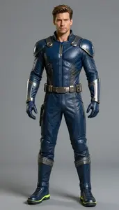 Male Superhero Male Figure In Leather Indigo Outfit With