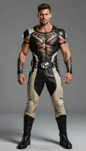 Male Superhero Muscular Male Warrior In Black And Beige