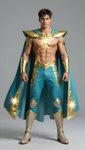 Male Superhero Muscular Male Warrior In Cyan And Gold