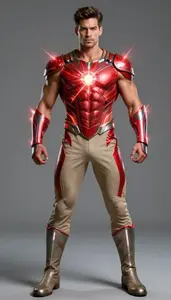 Male Superhero Muscular Male Warrior In Tan And Scarlet