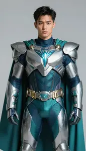 Male Superhero Teal And Silver Combat Armor With Radiant