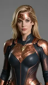 Woman Superhero Copper Toned Armor Over Midnight Suit