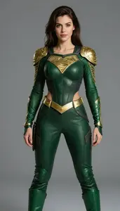 Woman Superhero Evergreen Dark Green Armor Top With Gold