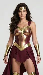 Woman Superhero Golden Chest Armor Over Deep Maroon Suit