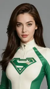 Woman Superhero Ivory And Emerald Combat Suit Visible Face