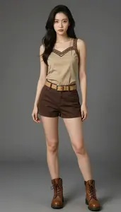 Woman Superhero Khaki Tan Sleeveless Top With Brown
