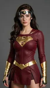 Woman Superhero Maroon Fitted Armor With Golden Bracers