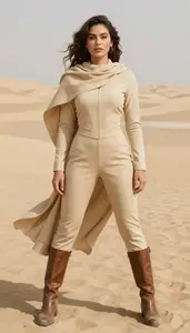 Woman Superhero Sand Colored Desert Suit With Scarf Drape