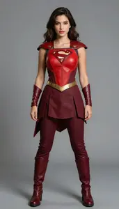 Woman Superhero Sangria Red Armor Vest Over Burgundy Tunic
