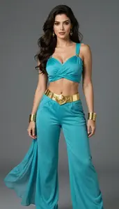 Woman Superhero She Wears Flowing Turquoise Trousers And A