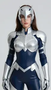 Woman Superhero Silver White Armor Over Navy Bodysuit Open