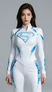 Woman Superhero Sleek Outfit Of Pure White With Ice Blue