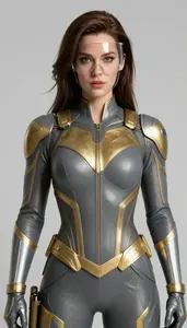 Woman Superhero Steel Grey And Gold Combat Suit Clear Face
