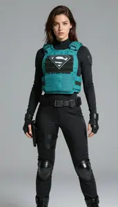 Woman Superhero Teal Tactical Vest Over Black Stretch Suit