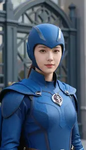 Aerodynamic Blue Caped Commander Hero At The Gate