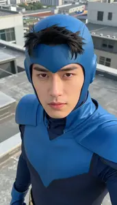 Aerodynamic Blue Caped Master Hero On The Rooftop