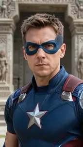 Aerodynamic Blue Caped Avenger Hero At The Ancient Ruins