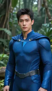 Aerodynamic Blue Caped Titan Hero In The Jungle
