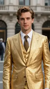 Aristocratic Gold Suited Guardian Hero In The City Street