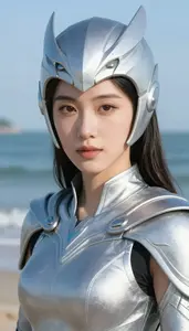 Astral Silver Caped Specialist Hero At The Ocean Shore