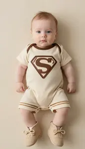 Baby Boy Super Hero Warm Beige Romper With Brown Accent