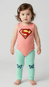 Baby Girl Superhero Coral Playsuit With A Scalloped Edge Hem