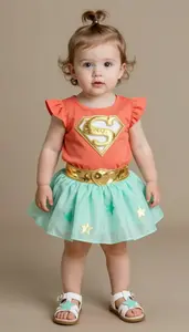 Baby Girl Superhero Coral Glow Tunic With Golden Sash And