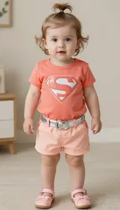 Baby Girl Superhero Coral Sparkle Shirt With Silver Belt And
