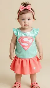 Baby Girl Superhero Mint Shimmer Tunic With Silver Piping