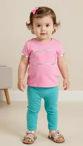 Baby Girl Superhero Pink Cloud Top With Silver Trim And Aqua