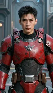 Battle Scarred Red Armored Soldier Hero On The Skyway