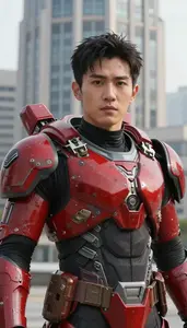 Battle Scarred Red Armored Defender Hero At The Downtown