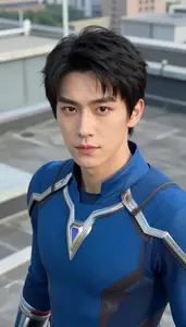 Blue Suited Protector Hero On The Rooftop