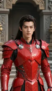 Bright Red Armored Prince Hero At The Ancient Ruins