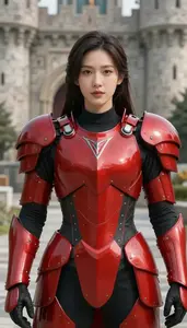 Bright Red Armored Protector Hero At The Castle