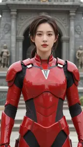 Bright Red Armored Scout Superhero At The Historic Monument