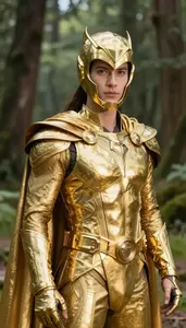 Brilliant Gold Caped Defender Hero On The Forest Trail
