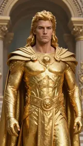 Brilliant Gold Caped Colossus Hero At The Ancient Ruins