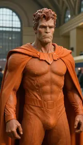 Burnt Orange Caped Colossus Hero At The Train Station
