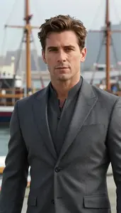 Charcoal Gray Suited Avenger Hero At The Harbor
