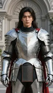 Colossal Silver Armored Crusader Hero In The Public Park