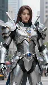 Colossal Silver Armored Harbinger Hero In The Downtown