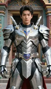 Colossal Silver Armored Fighter Hero At The Temple