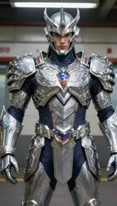 Colossal Silver Armored Guardian Hero In The Subway Station
