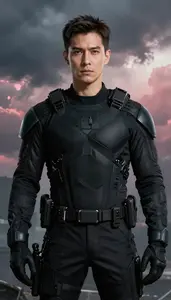 Combat Ready Black Suited Operative Hero In The Storm Cloud