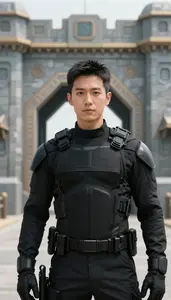 Combat Ready Black Suited Scout Hero At The Fortress Gate