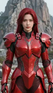 Crimson Armored Guardian Hero On The Mountain Peak