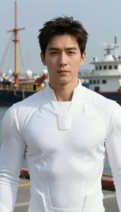 Crystalline White Suited Avenger Hero At The Harbor