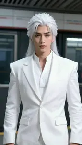 Crystalline White Suited Paragon Hero In The Subway Station