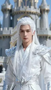 Crystalline White Suited Warrior Hero At The Castle